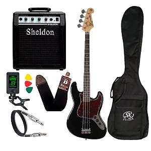 Kit Contra Baixo Sx JazzBass Bd1 Preto 4 Cordas Amplificador Sheldon