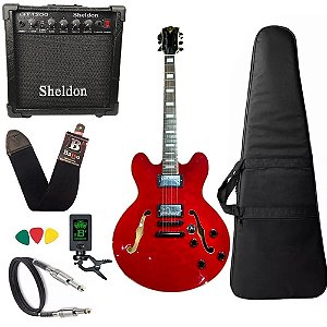 Kit Guitarra PHX Semi Acústica AC1 Vermelho Amplificador Sheldon