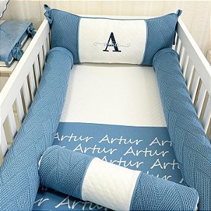 Kit Berço em Tricô Arthur Azul 5 Peças