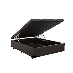 Base Cama Box Com Baú Blindado Casal Couro Sintético Marrom 43x138x188