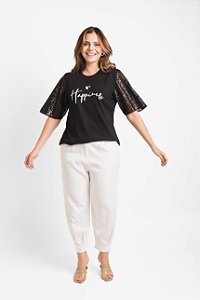 T-SHIRT MANGA GODÊ "HAPPINESS" P AO G5 - PRETA