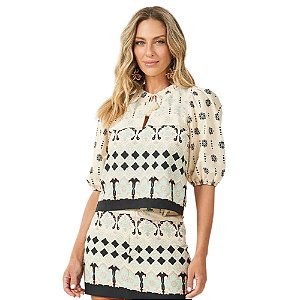 Blusa Doce Trama Manga 3/4 Em Tricoline Estampada Feminina