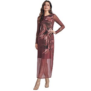 Vestido Doce Trama Longo Em Tule Manga Longa Floral Feminino