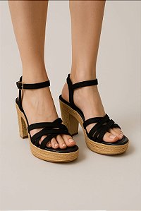 Sandália Tipo Anabela Salto Grosso Preto Feminina | Plataforma Conforto | Tiras Cruzadas | Casual e Social