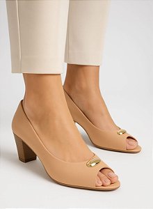 Scarpin Feminino Salto Médio Confortavel Peep Toe Bico Aberto Detalhe Dourado - 2 Cores