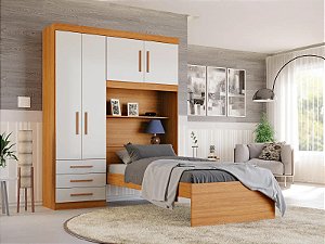 Kit 3x1 Guarda Roupa De Solteiro Moderno + Cama Acoplada + Cabeceira com Baú Interno