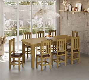Conjunto Mesa De Madeira 200x88 Com 8 Cadeiras Estofadas Sfa