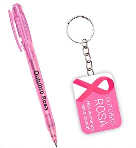 Kit Chaveiro E Caneta Outubro Rosa Com Embalagem Individual ( 15 unidades )
