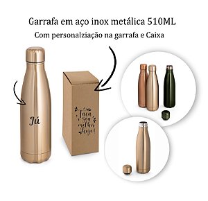 Garrafa em aço inox com acabamento mate metálico personalizada como desejar