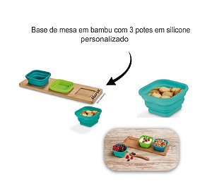 Base de mesa em bambu com 2 potes retráteis em silicone Personalizada