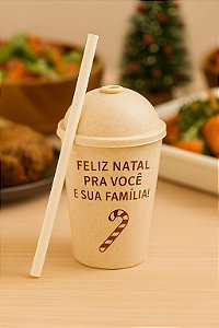 Copo Fibra de Madeira 450ml com canudo Natal