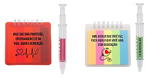 Kit Bloco de Anotações + Caneta Seringa Personalizados Com a Sua Logo