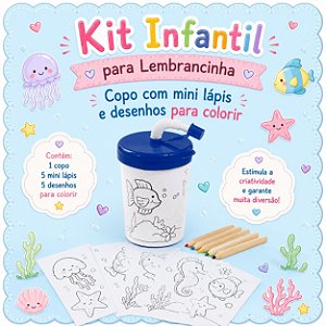 Copo de Viagem Infantil Com Canudo + 3 Desenhos + 6 Mini Lápis de cor