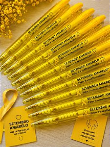 Caneta Plástica Personalizada Setembro Amarelo - Kit com 15 Unidades