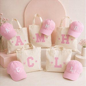 Kit Sacola Eco Bag + Boné Personalizado com Inicial Direto na Peça- Kit 10 Unidades