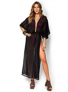 Kaftan De Chelles Longo Tecido Textura e Amarração Preto