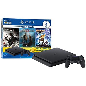 Console PlayStation 4 Slim 1TB + Controle Dualshock 4 + Ghost of Tsushima + God of War + Ratchet and Clank + 3 meses PlayStation Plus