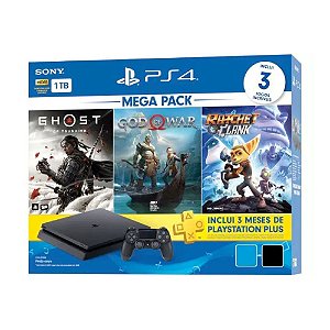 Console PlayStation 4 Slim 1TB + Controle Dualshock 4 + Ghost of Tsushima + God of War + Ratchet and Clank + 3 meses PlayStation Plus