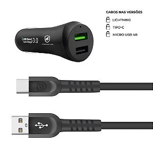 Kit Carregador Veicular Fast Charger + Cabo Dual Shock 1,2m - Tipo c - Micro USB - Lightning MFI - Gshield