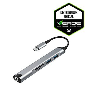 Adaptador USB-C 6 em 1 – USB 3.0, Leitor TF/SD, Entrada P2 e Alta Velocidade – Hub Tipo C Multifuncional - Verde