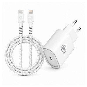 Carregador de Parede Turbo Tipo C 25W + Cabo Dual Armor 1M Revestido em Nylon Balístico com Proteção Contra Sobrecarga e Tecnologia Overvoltage Protection - Branco - Gshield