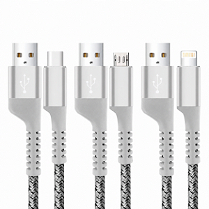 Cabo Lightning / USB-A | Micro USB -A |Tipo C / USB-A 1M Nylon Trançado, Carregamento Rápido 3A e Transferência de Dados 480Mbps - Branco - Fish Kevlar