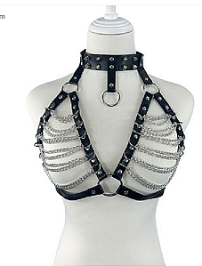 Harness com Contorno de Busto em Couro com Correntes