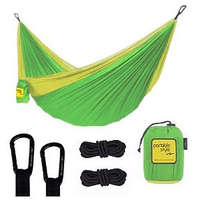Rede de Camping Portátil c/ corda + Carabiners - Verde limão e Amarelo