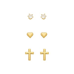 Trio Basiquinhos: Ponto de Luz, Cruz e Coração Banho de Ouro 18k