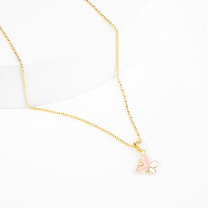 Colar Infantil Borboleta Rosa Banho de Ouro 18k