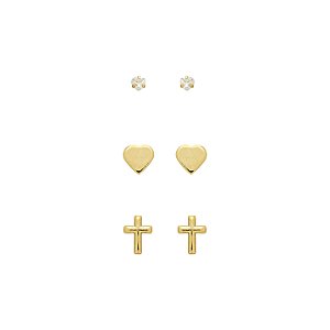 Basiquinhos: Ponto de Luz Incolor, Cruz, Coração Banho de Ouro 18k