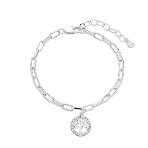 Pulseira Corrente Medalha Árvore da Vida Zircônias Banho de Ródio Branco