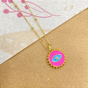 Colar Longo Olho Grego Pink e Azul Banho de Ouro 18k