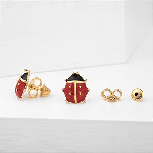 Brinco Infantil de Joaninha Vermelha e Preta Banho de Ouro 18k