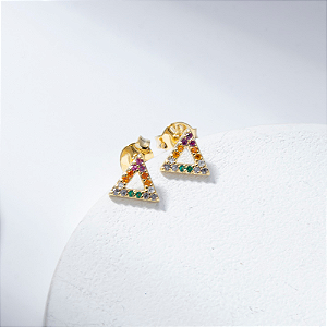 Brinco Pequeno Triângulo Zircônia Coloridas Banho de Ouro 18k