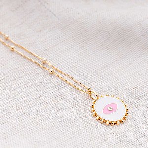 Colar Longo de Bolinhas com Olho Grego Branco e Rosa Banho de Ouro 18k