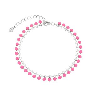 Pulseira Penduricalhos Rosa Banho de Ródio Branco