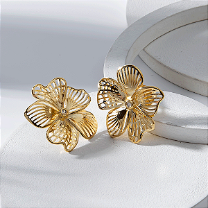 Brinco Flor Grande Zircônia Central Banho de Ouro 18k