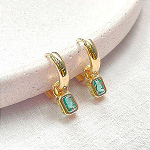Argolinha Abaulada Cristal Retangular Verde Banho de Ouro 18k