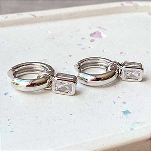 Argolinha Abaulada Cristal Retangular Incolor Banho de Ródio Branco