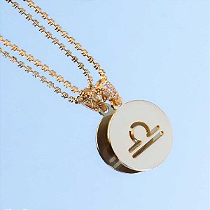 La Luna: Colar Esferas Medalha Signo Libra Banho de Ouro 18k