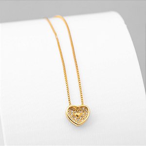 Colar Coração Zircônias Incolor Banho de Ouro 18k