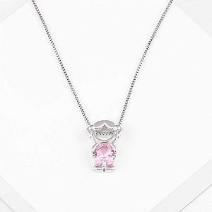 Colar Menina Zircônia Rosa Banho de Ródio Branco