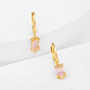 Argolinha Pingente Retangular Zircônia Rosa Banho de Ouro 18k