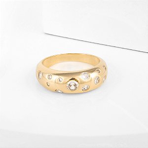 Anel Abaulado Círculos Zircônias Incolor Banho de Ouro 18k