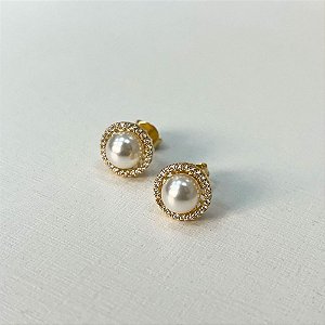 Brinco de Pérola Entorno Cravejado Incolor Banho de Ouro 18k