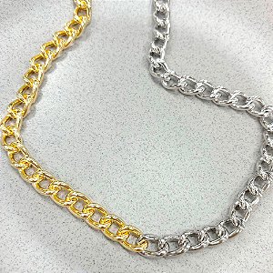 Colar Correntaria Elos Grumet Banho de Ouro 18k e Ródio Branco