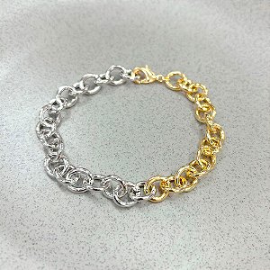 Pulseira Correntaria Elos Redondos Banho de Ouro 18k e Ródio Branco