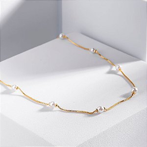 Colar Médio Mini Pérolas Banho de Ouro 18k