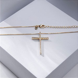 Colar Crucifixo Incolor Médio Banho de Ouro 18k